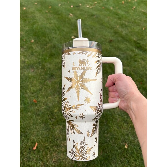 40oz Custom Engraved Etched Stanley Winter Christmas Cup, Snowflakes, Cream Moon - Picture 2 of 10